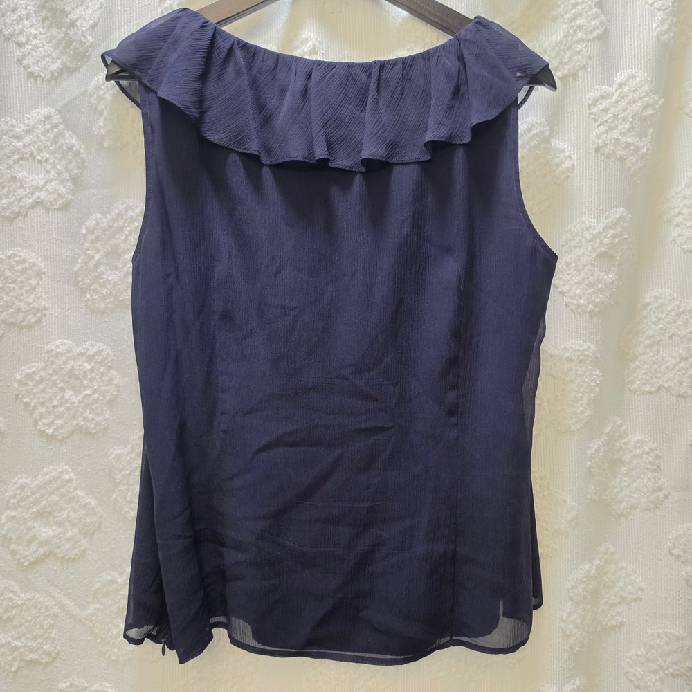 St John Navy Blue Ruffle Front Silk Chiffon Sleeveless Blouse Top Large - Picture 6 of 7